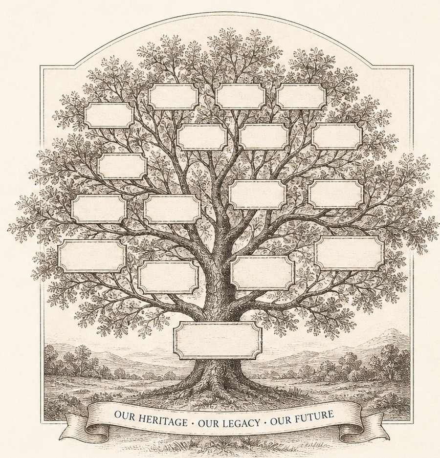 Archival illustration of a branching family tree